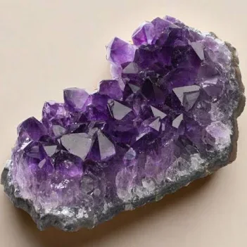 An amethyst cluster with deep violet points on its natural stone matrix