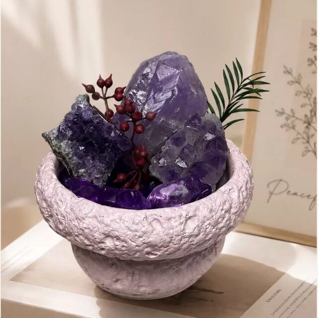 Amethyst wabi-sabi micro landscape Crystal Grid in a soft purple bowl