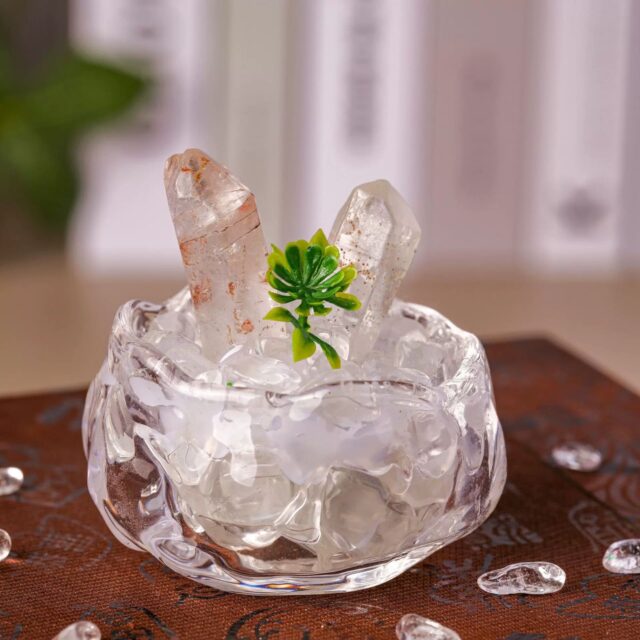 Natural clear quartz micro landscape Crystal Grid in a clear bowl