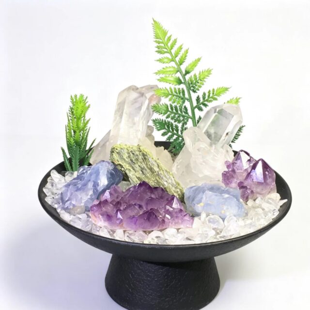 Amethyst, clear quartz and blue fluorite abundance Crystal Grid in a black bowl