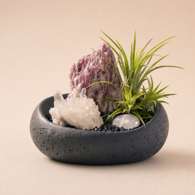 Black-bowl Water-element crystal grid with purple, clear and green composition