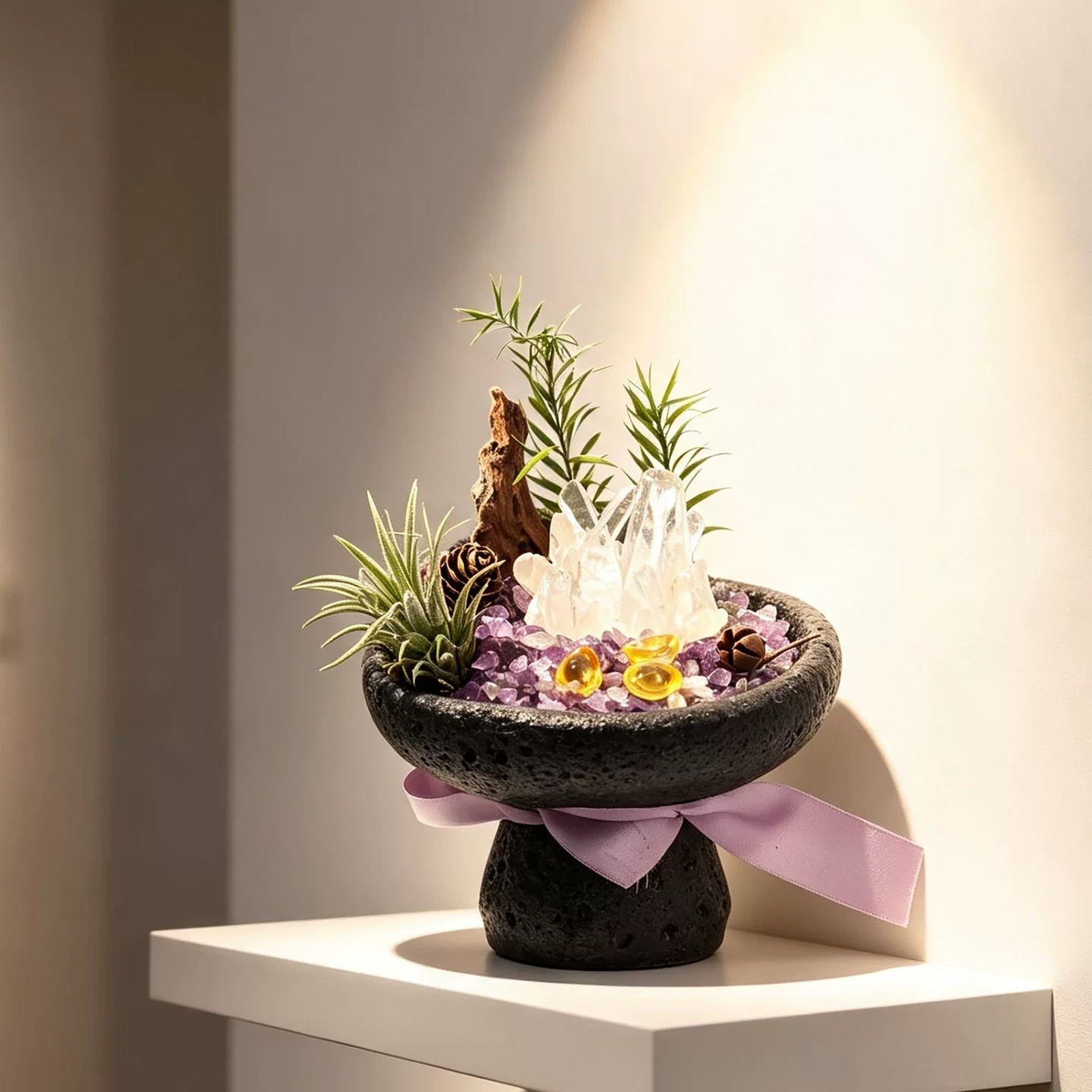 Natural clear quartz bonsai micro landscape Crystal Grid in a black bowl on a home shelf