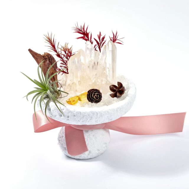 Natural clear quartz white bowl micro landscape Crystal Grid with pink ribbon