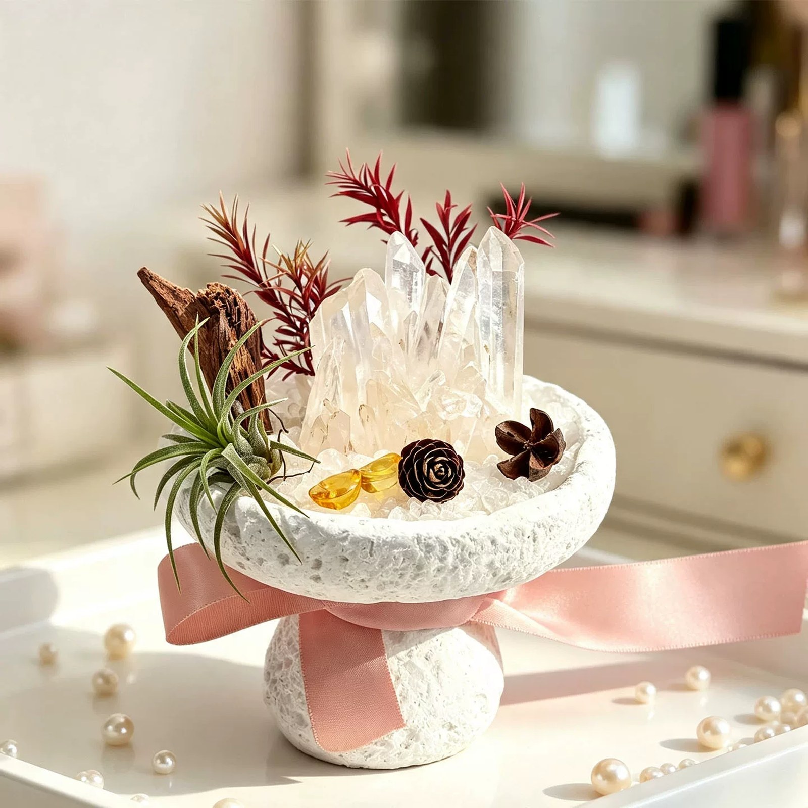 Clear quartz white bowl Crystal Grid styled on a warm vanity surface