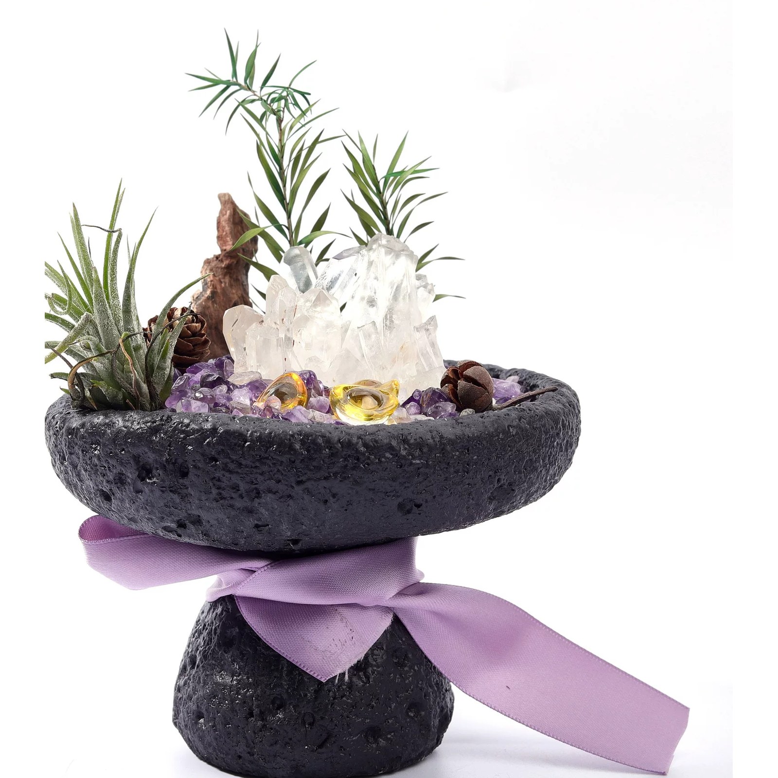 Clean detail view of clear quartz clusters, purple chips and yellow-gold accents in a black bowl