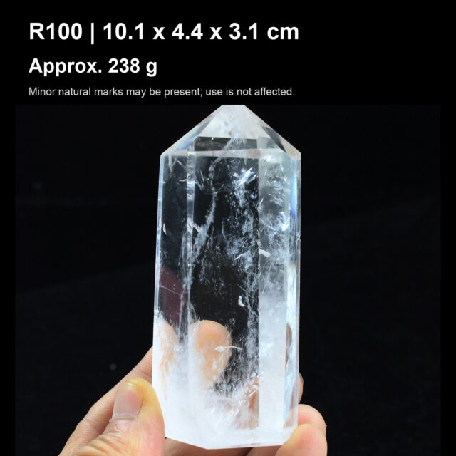 Natural Clear Quartz Point Tower R100 natural clear quartz point tower 10.1 x 4.4 x 3.1 cm approx 238 g