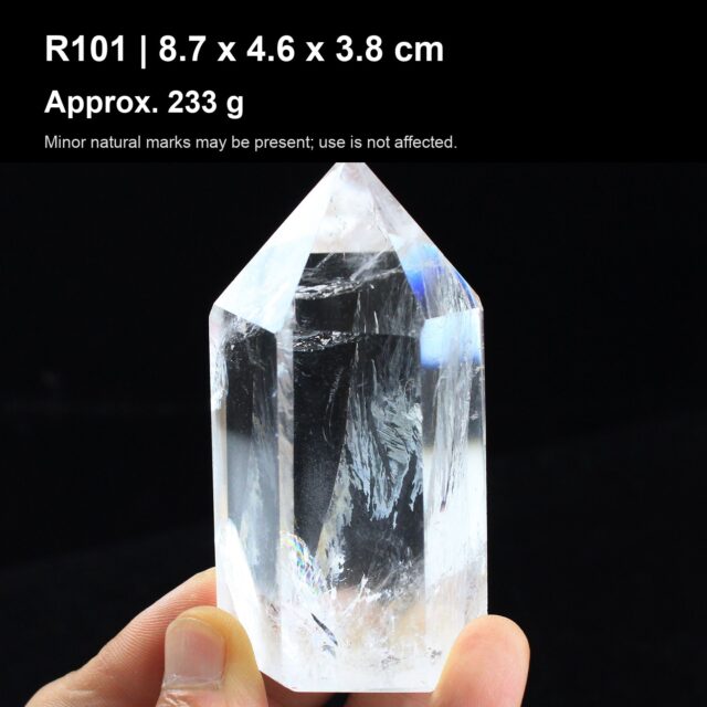 Natural Clear Quartz Point Tower R101 natural clear quartz point tower 8.7 x 4.6 x 3.8 cm approx 233 g