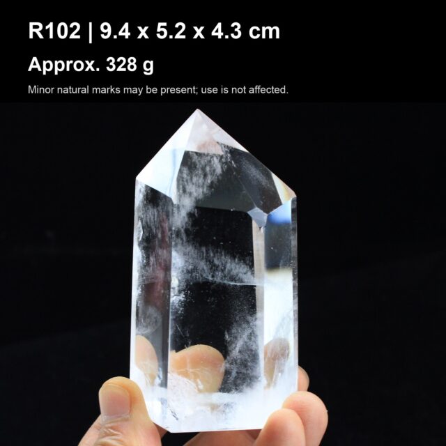 Natural Clear Quartz Point Tower R102 natural clear quartz point tower 9.4 x 5.2 x 4.3 cm approx 328 g
