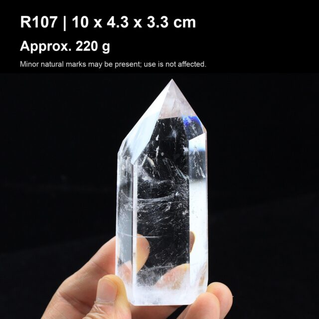 Natural Clear Quartz Point Tower R107 natural clear quartz point tower 10 x 4.3 x 3.3 cm approx 220 g