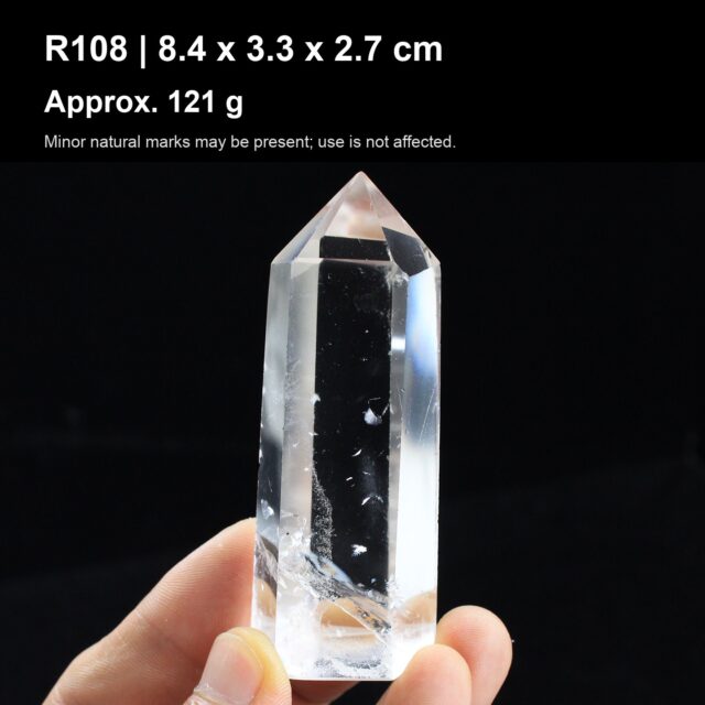 Natural Clear Quartz Point Tower R108 natural clear quartz point tower 8.4 x 3.3 x 2.7 cm approx 121 g