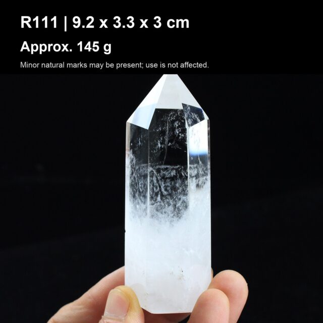 Natural Clear Quartz Point Tower R111 natural clear quartz point tower 9.2 x 3.3 x 3 cm approx 145 g
