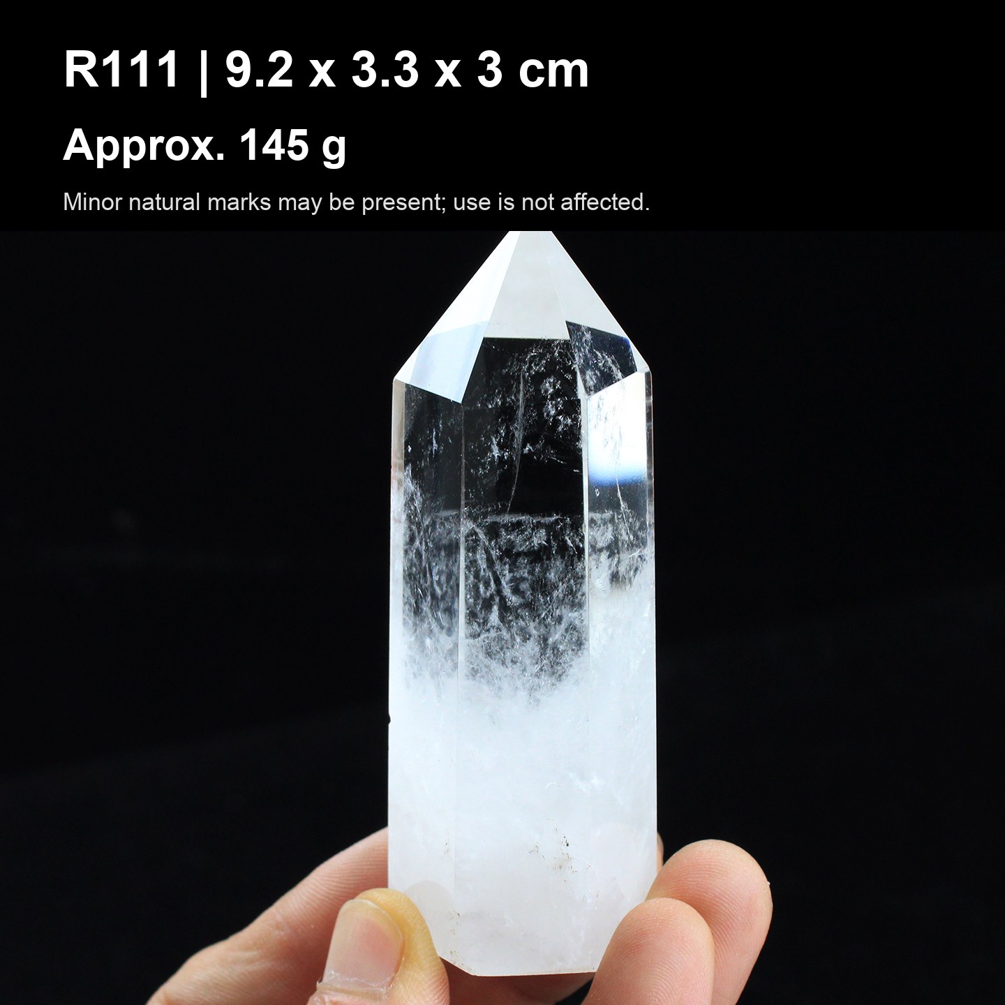 Natural Clear Quartz Point Tower R111 natural clear quartz point tower 9.2 x 3.3 x 3 cm approx 145 g