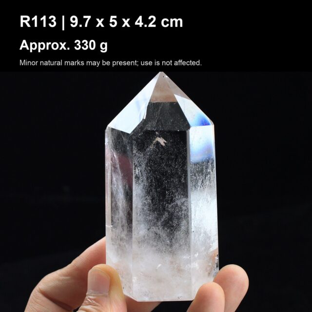 Natural Clear Quartz Point Tower R113 natural clear quartz point tower 9.7 x 5 x 4.2 cm approx 330 g