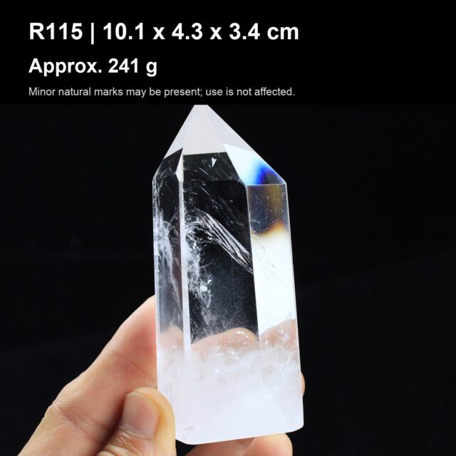 Natural Clear Quartz Point Tower R115 natural clear quartz point tower 10.1 x 4.3 x 3.4 cm approx 241 g