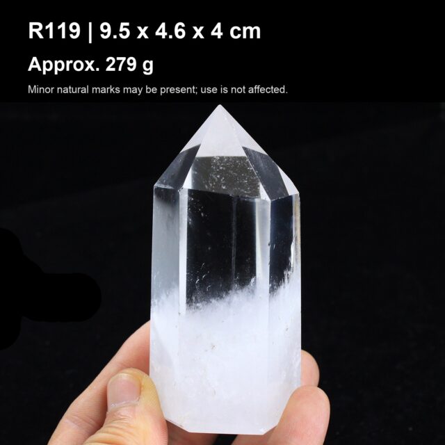 Natural Clear Quartz Point Tower R119 natural clear quartz point tower 9.5 x 4.6 x 4 cm approx 279 g