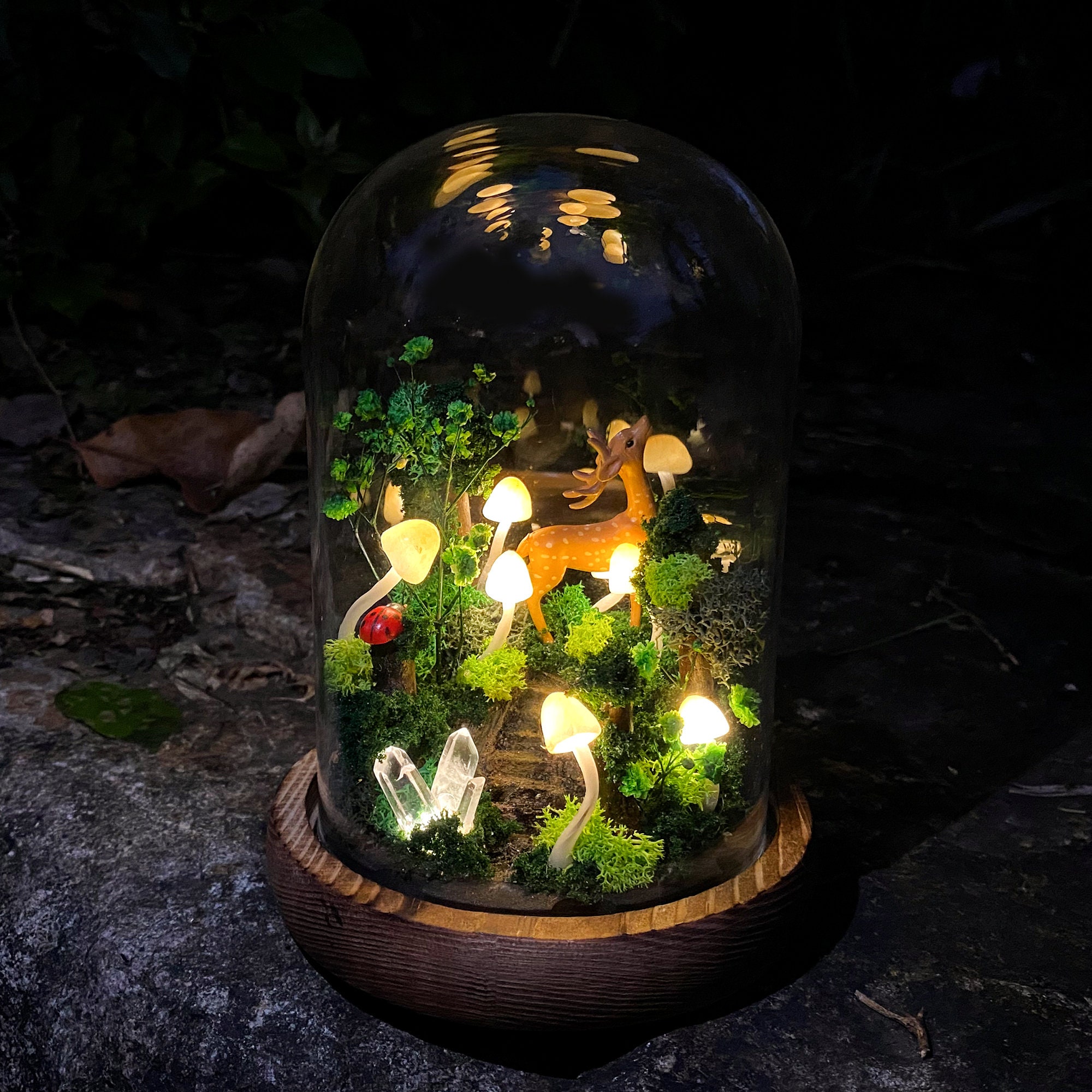 Handmade Mushroom Lamp with Deer in the Forest Glowing Crystal Night Light Woodland original gallery image 1
