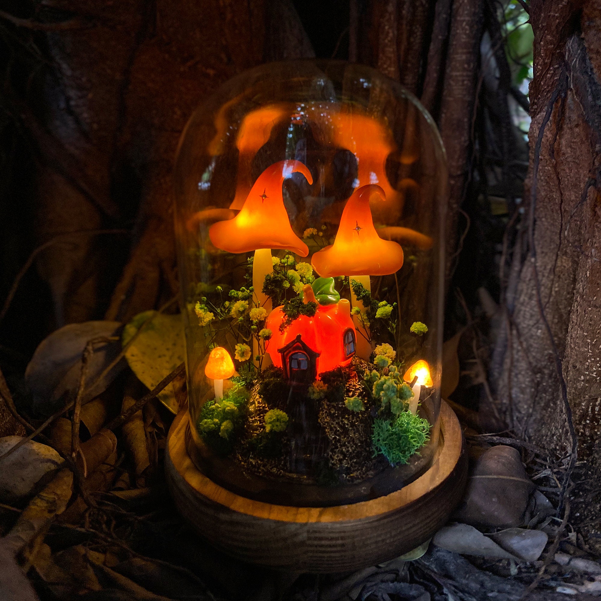 Enchanted Pumpkin Cottage Mushroom Lamp Fantasy Woodland Night Light Orange Glow Magic original gallery image 1