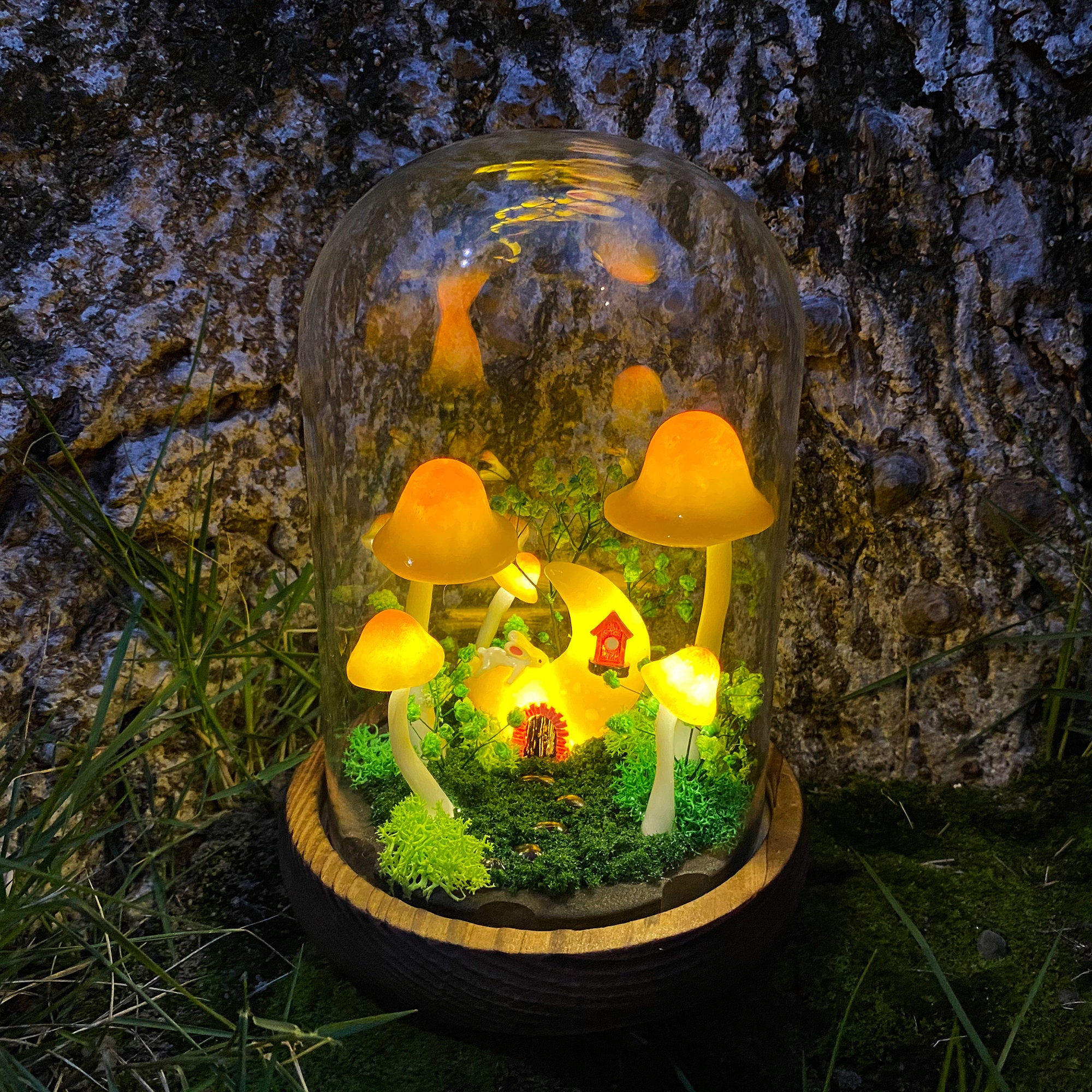 Handmade Fantasy Mushroom Lamp Glowing Moon Cottage & Cute Bunny Mushroom Nightlight original gallery image 1