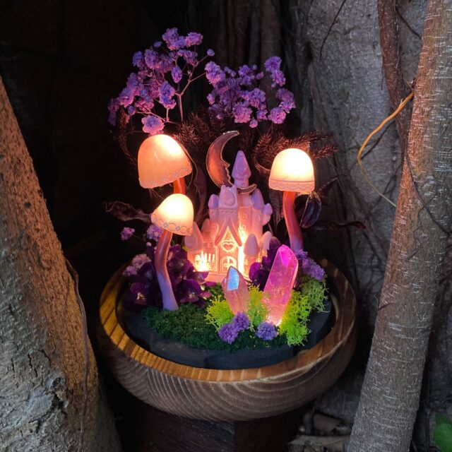 Charming Mushroom Table Lamp Glowing Mystery Castle with Purple Moon & Crystal Handmade original gallery image 1