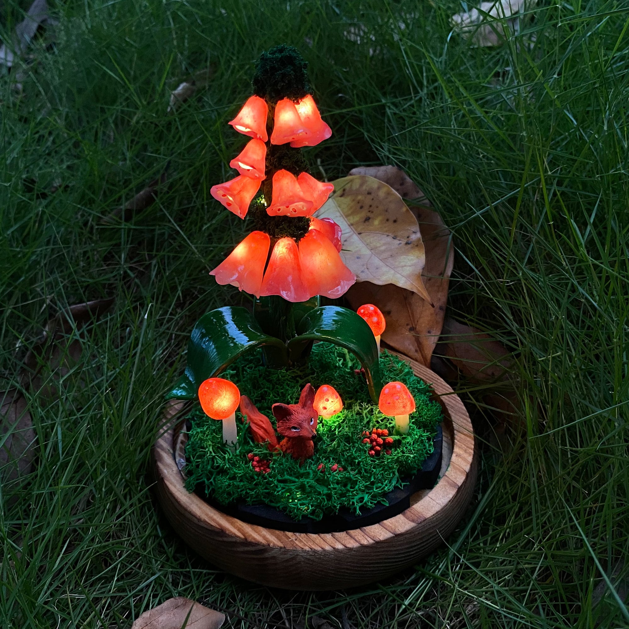 Handmade Foxgloves Light Glowing Mushroom Night Light Flower Lamp with Cute Red Fox original gallery image 1