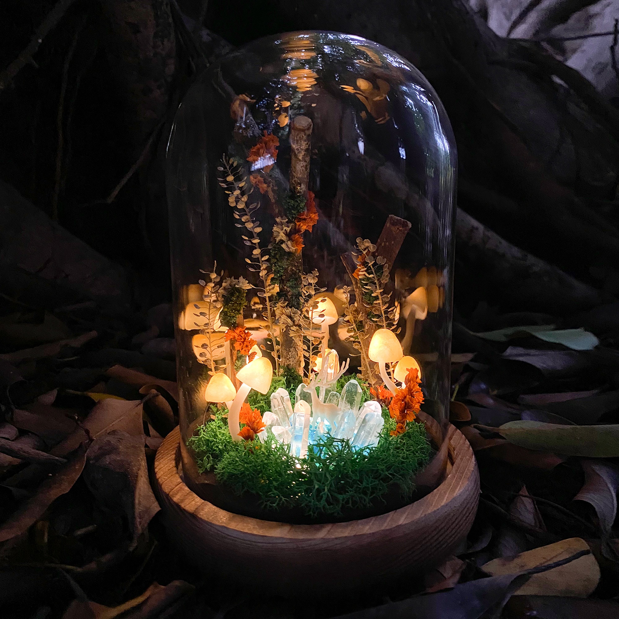 Handmade Glowing Mushroom Lamp with Magic Crystal and White Deer in the Mystery Lake original gallery image 1