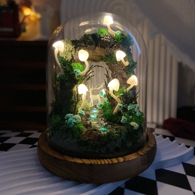 Enchanted Forest Mushroom Lamp Miniature Cave with Creek & Deer Fantasy Micro Landscape original gallery image 1