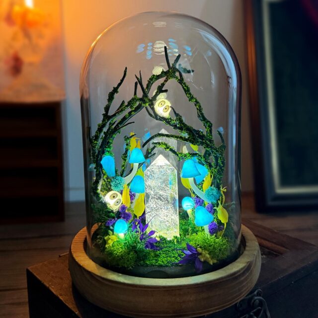 Handmade Blue Mushroom Lamp, Glowing Crystal Pillar, Whimsical Forest Night Light original gallery image 1