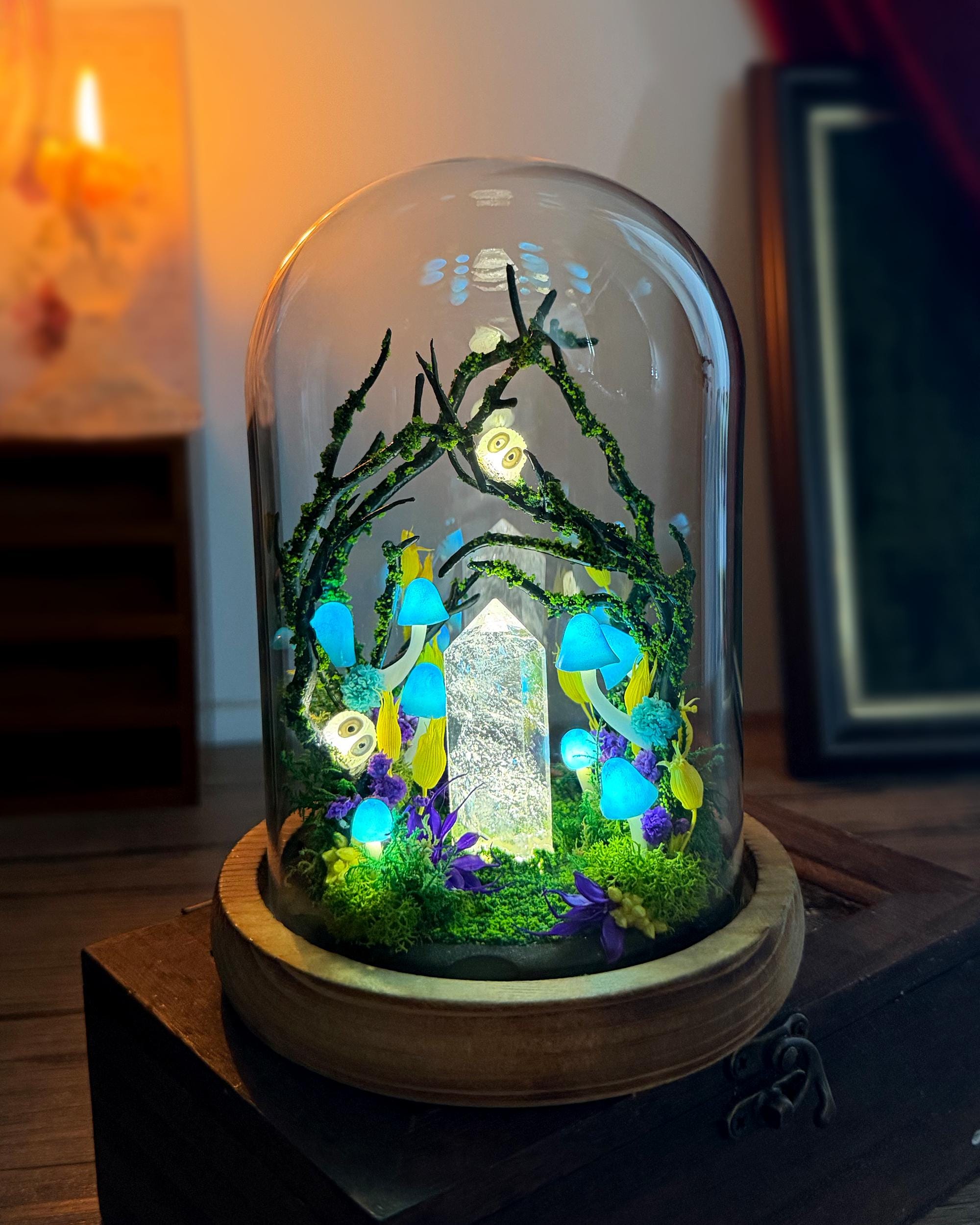 Handmade Blue Mushroom Lamp, Glowing Crystal Pillar, Whimsical Forest Night Light original gallery image 1
