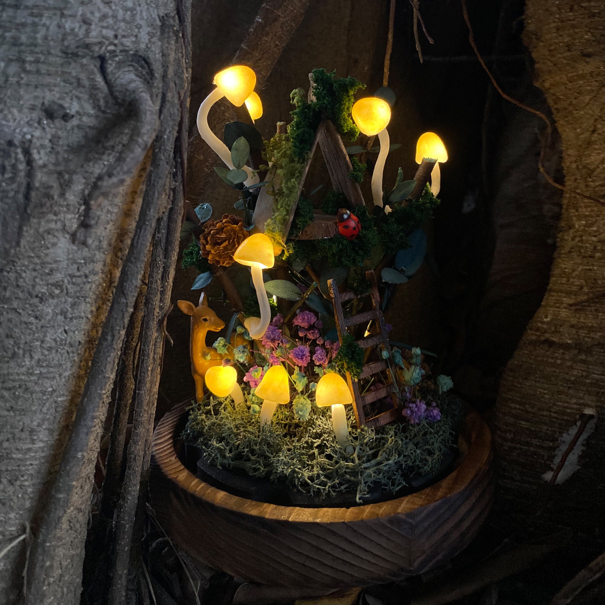 Cute Deer and Mushroom Night Light with Ladybug & Treehouse Handmade Glowing Mushroom original gallery image 2