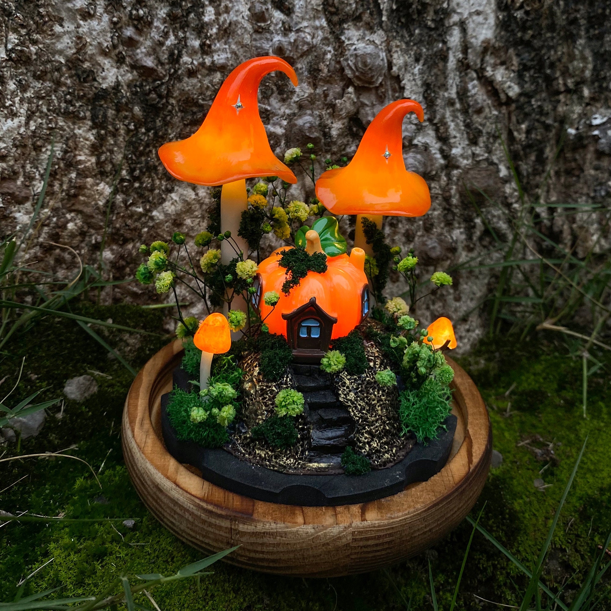 Enchanted Pumpkin Cottage Mushroom Lamp Fantasy Woodland Night Light Orange Glow Magic original gallery image 2
