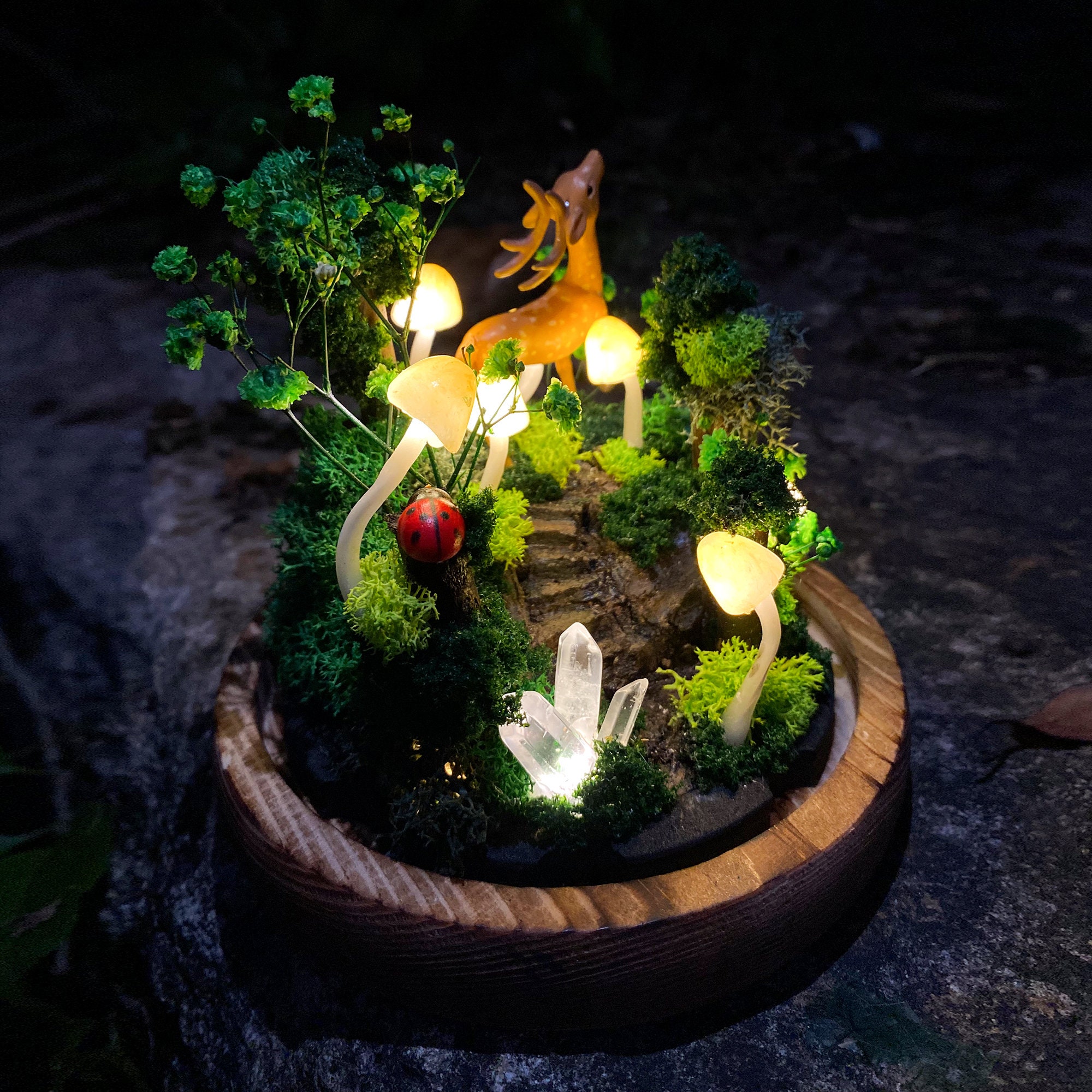 Handmade Mushroom Lamp with Deer in the Forest Glowing Crystal Night Light Woodland original gallery image 2