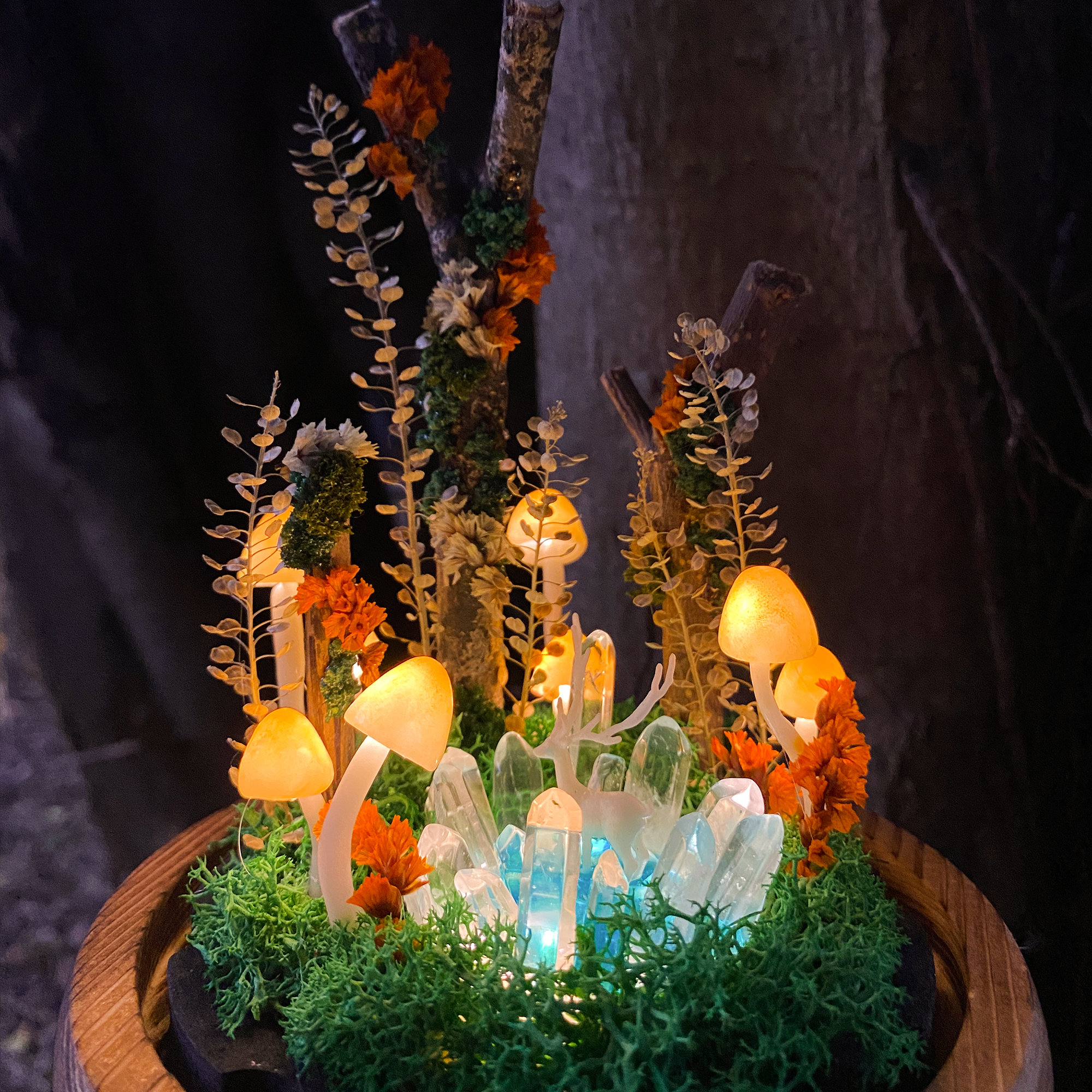 Handmade Glowing Mushroom Lamp with Magic Crystal and White Deer in the Mystery Lake original gallery image 2