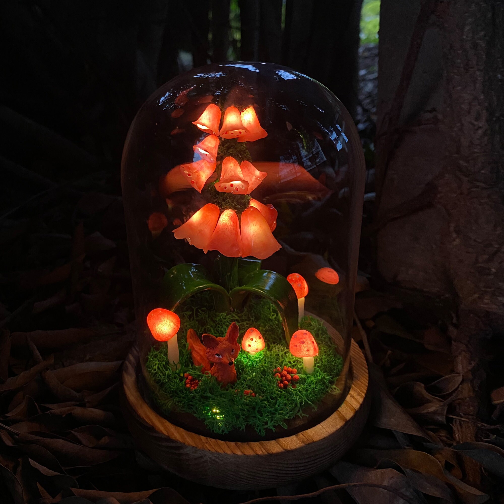 Handmade Foxgloves Light Glowing Mushroom Night Light Flower Lamp with Cute Red Fox original gallery image 2