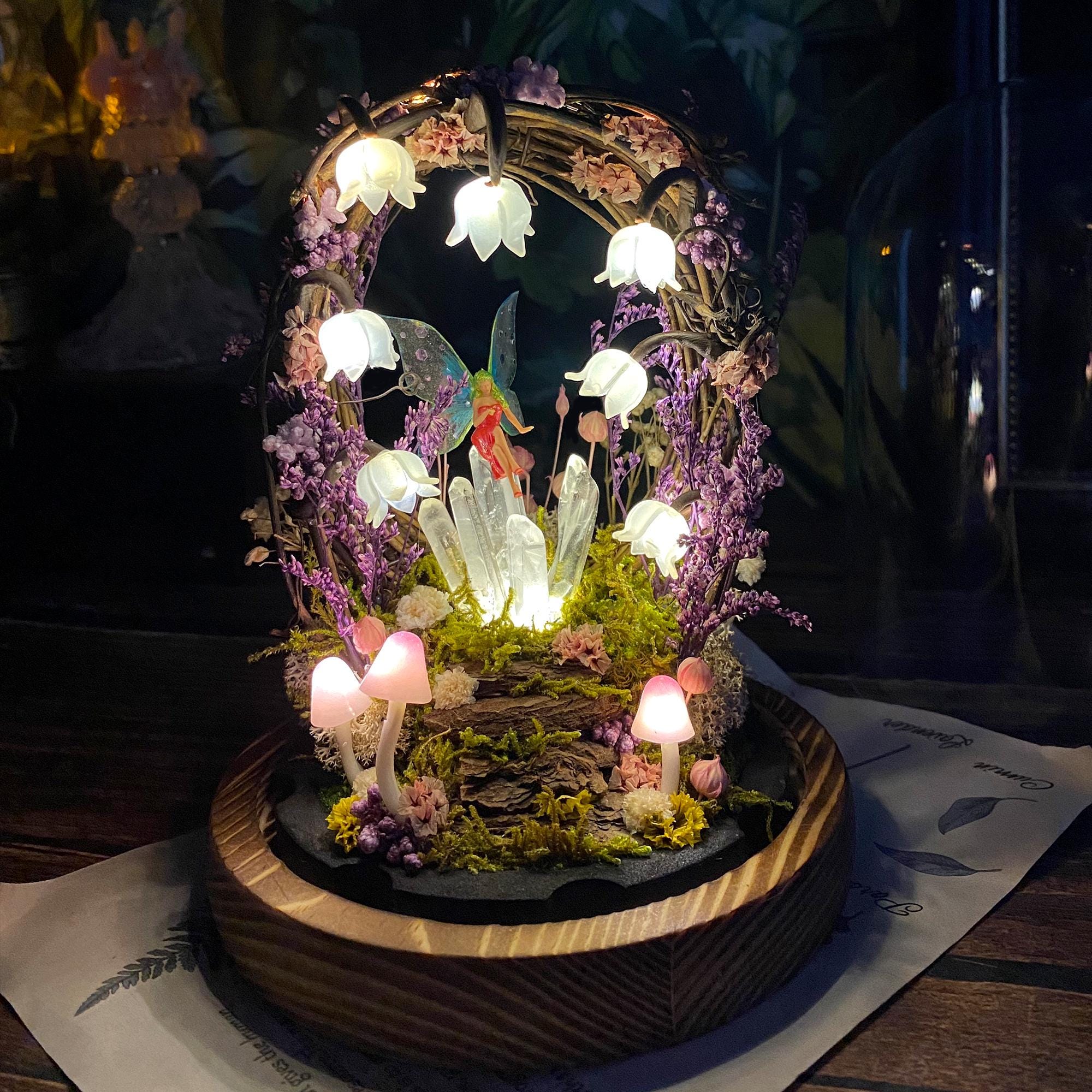 Handmade Flower Lamp with Glowing Crystals & Fairy original gallery image 2