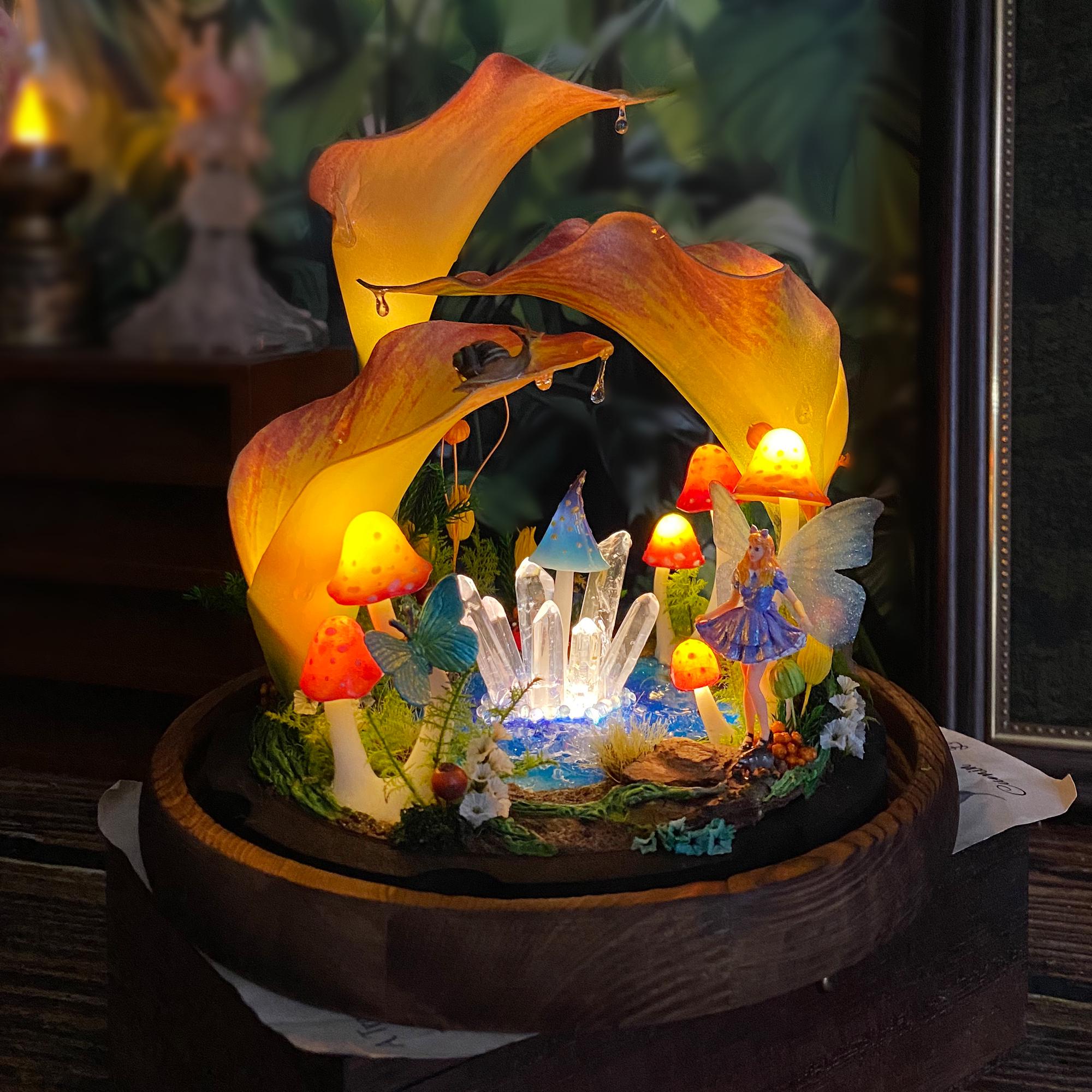 Enchanted Calla Lily Lamp, Handmade Large Mushroom Lamp with Fairy & Crystal, Alice in original gallery image 2