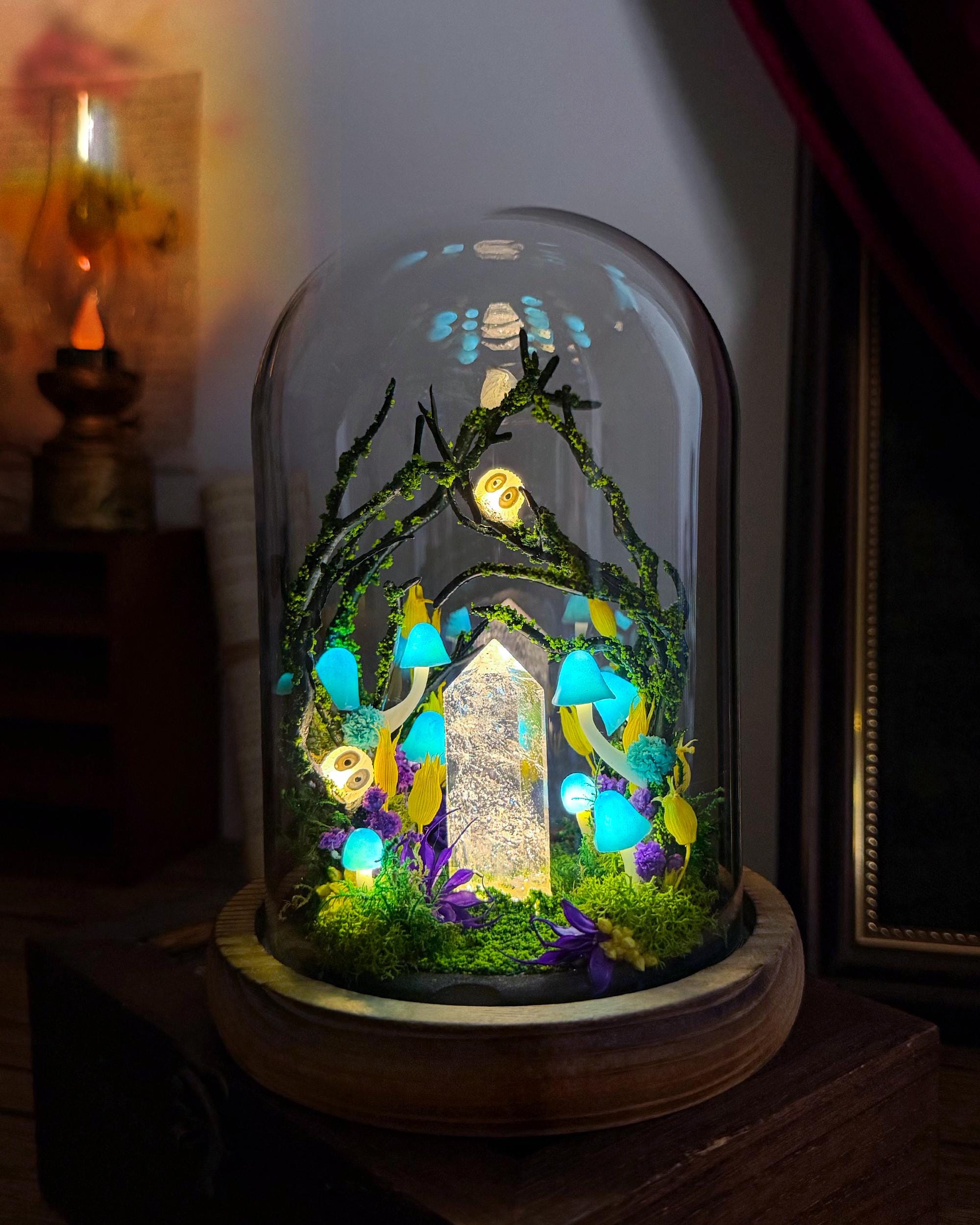Handmade Blue Mushroom Lamp, Glowing Crystal Pillar, Whimsical Forest Night Light original gallery image 2