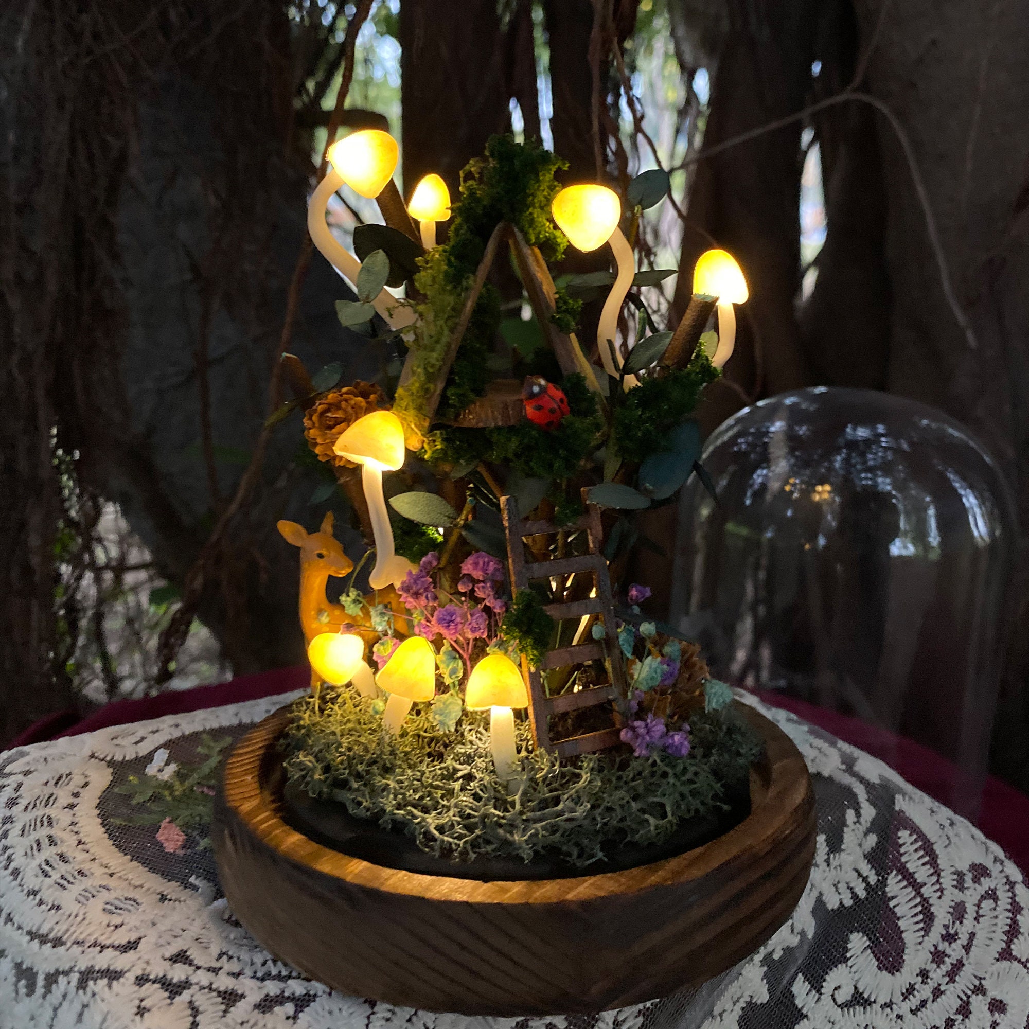Cute Deer and Mushroom Night Light with Ladybug & Treehouse Handmade Glowing Mushroom original gallery image 3