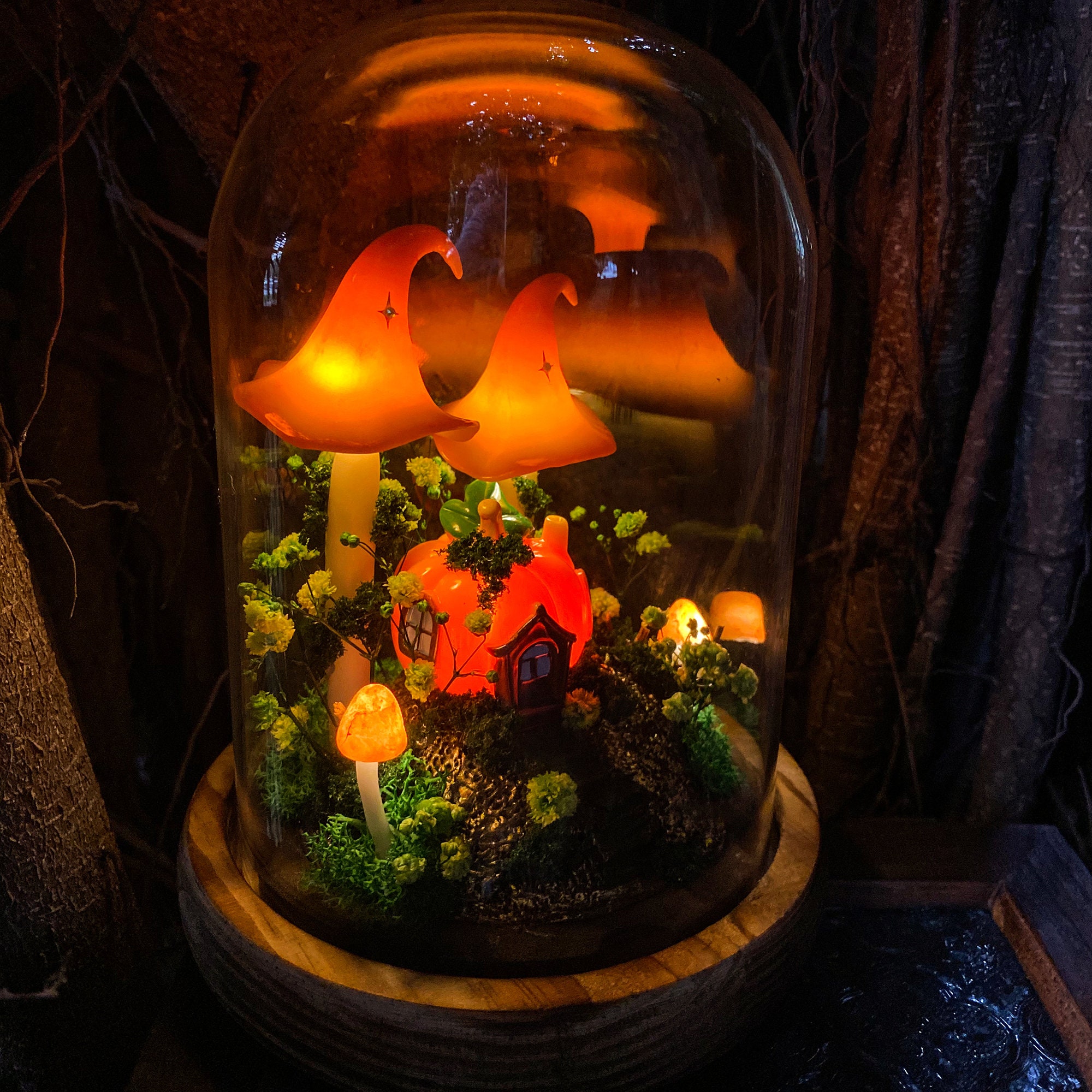 Enchanted Pumpkin Cottage Mushroom Lamp Fantasy Woodland Night Light Orange Glow Magic original gallery image 3