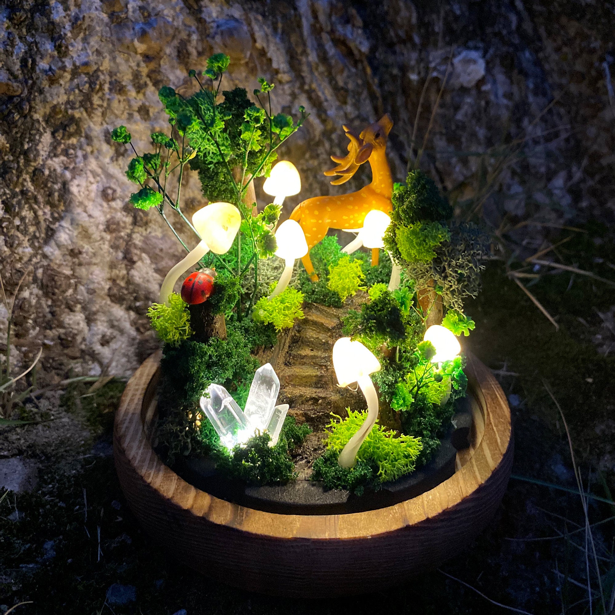 Handmade Mushroom Lamp with Deer in the Forest Glowing Crystal Night Light Woodland original gallery image 3
