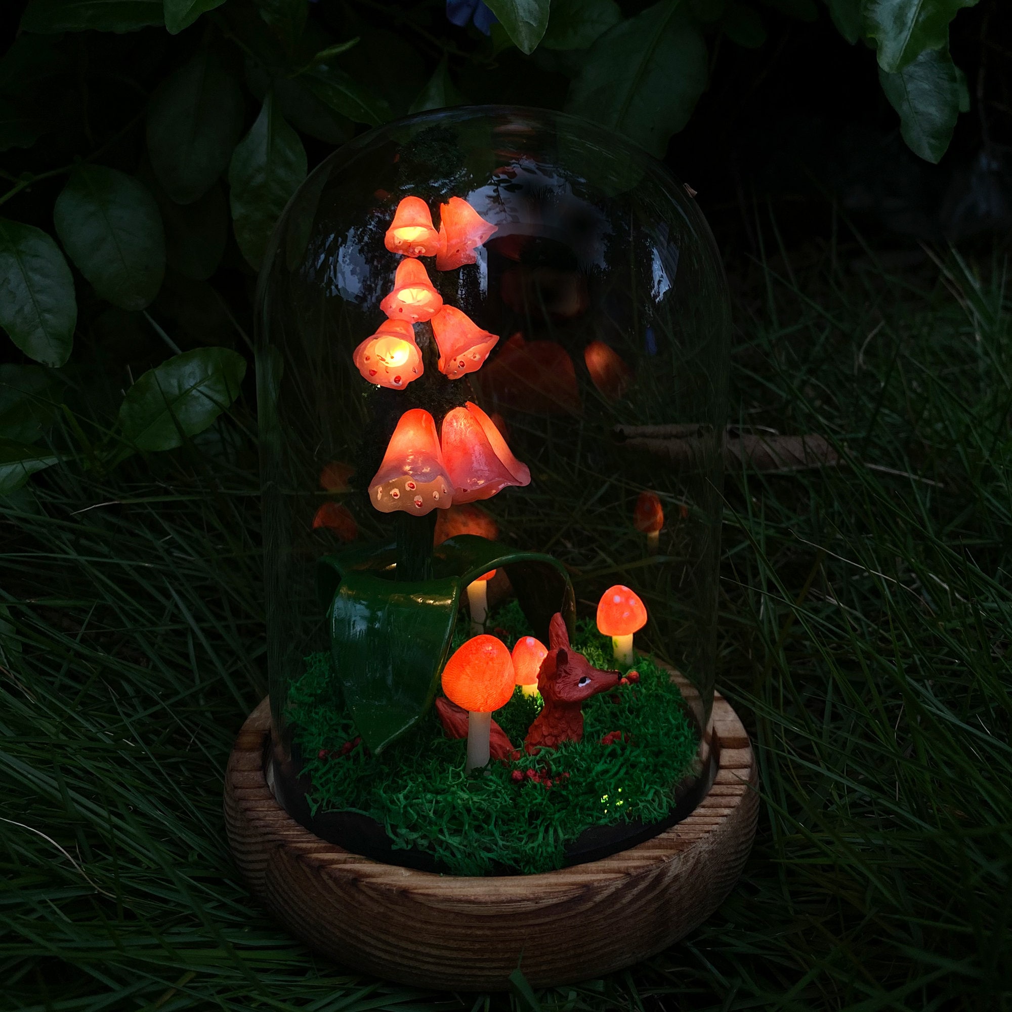 Handmade Foxgloves Light Glowing Mushroom Night Light Flower Lamp with Cute Red Fox original gallery image 3
