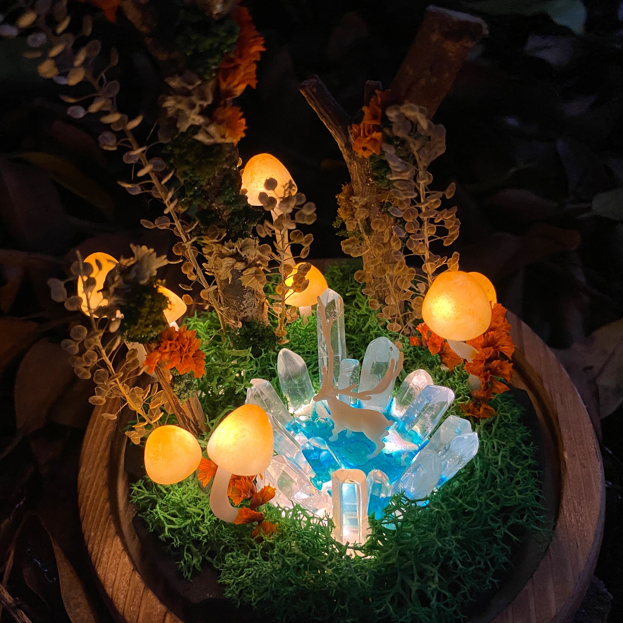 Handmade Glowing Mushroom Lamp with Magic Crystal and White Deer in the Mystery Lake original gallery image 3