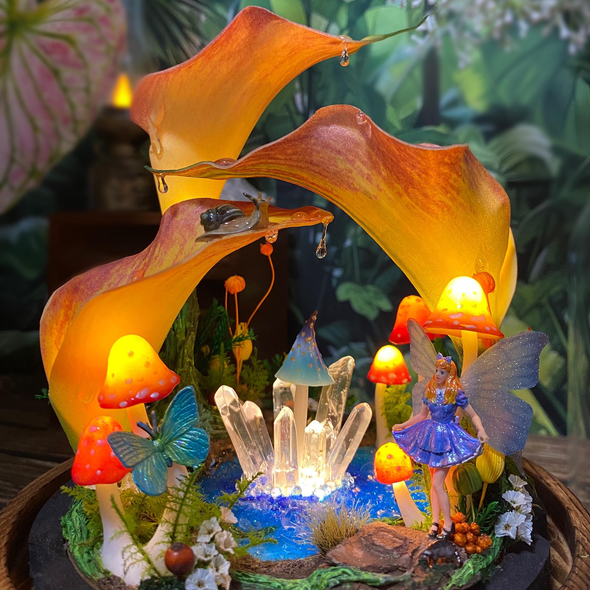 Enchanted Calla Lily Lamp, Handmade Large Mushroom Lamp with Fairy & Crystal, Alice in original gallery image 3