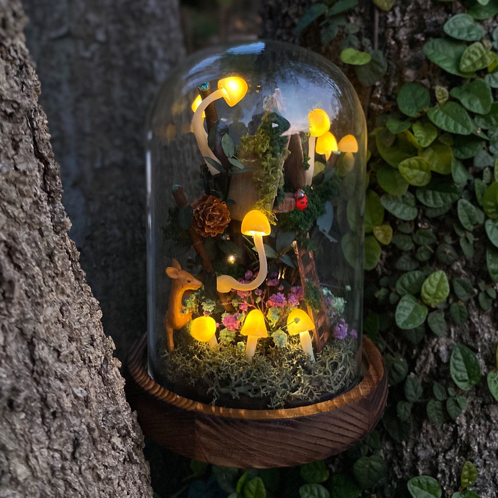 Cute Deer and Mushroom Night Light with Ladybug & Treehouse Handmade Glowing Mushroom original gallery image 4
