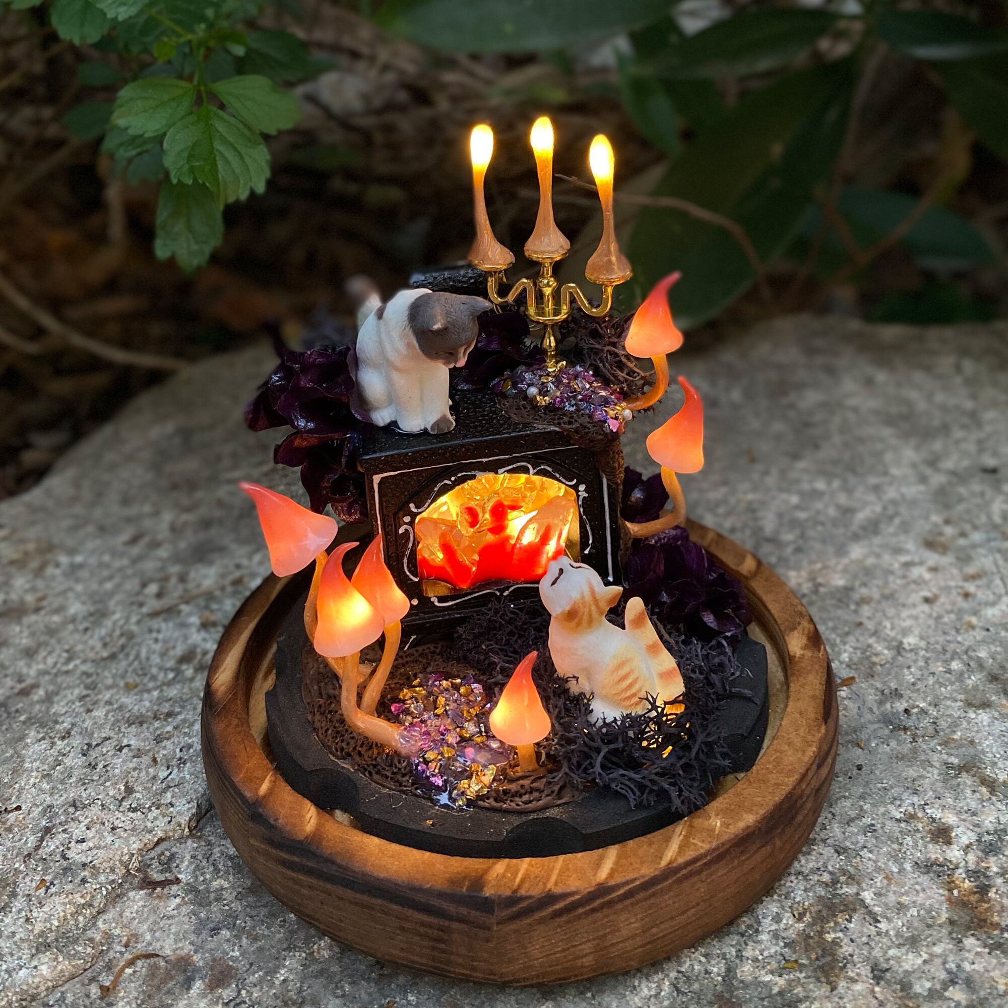 Handmade Mushroom Table Lamp Glowing Crystal Miniature Fireplace Unique Fantasy Night original gallery image 4