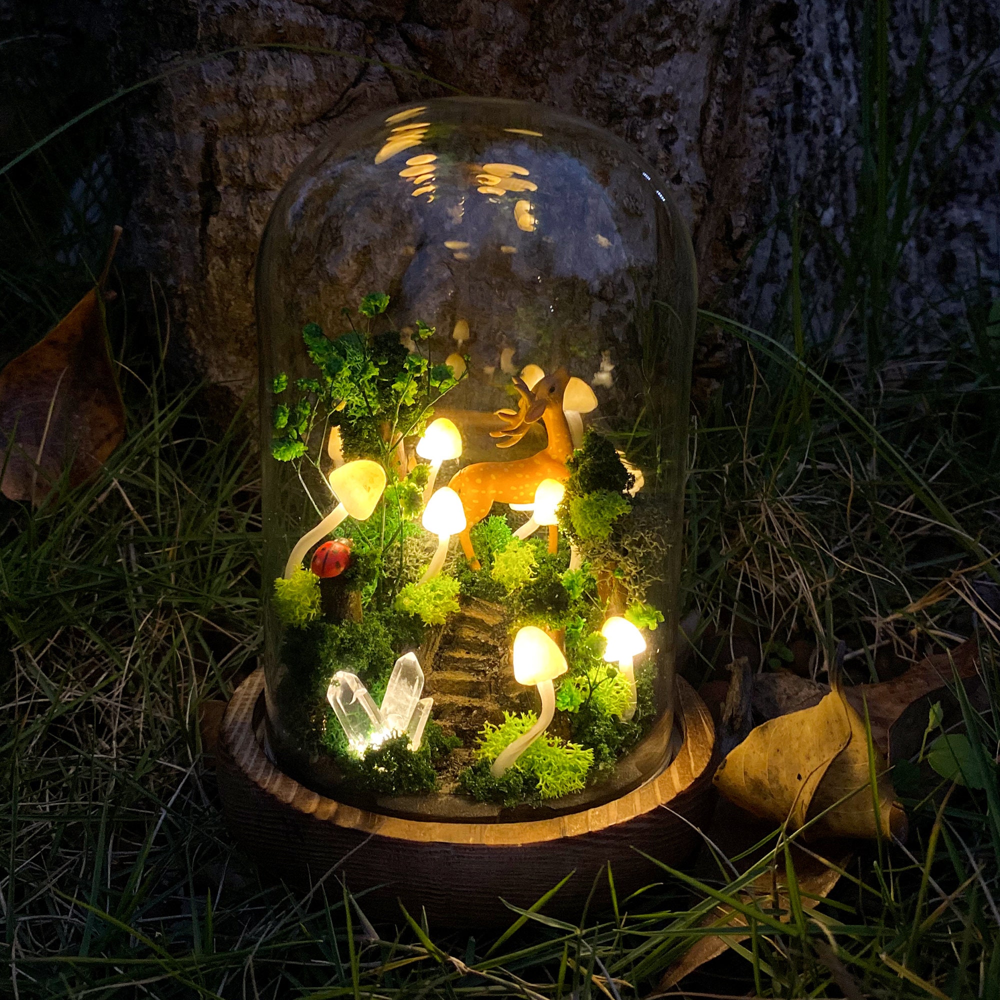 Handmade Mushroom Lamp with Deer in the Forest Glowing Crystal Night Light Woodland original gallery image 4