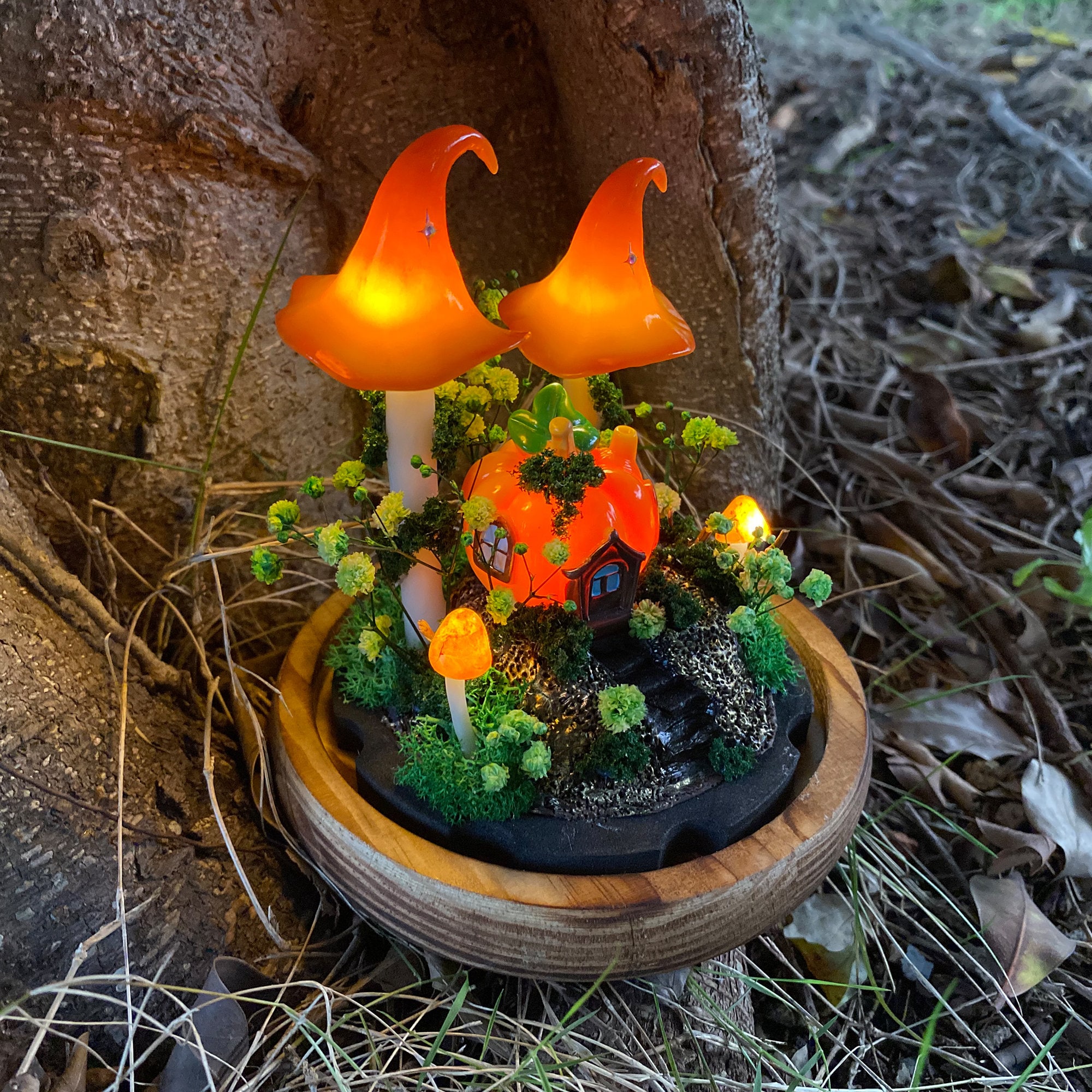 Enchanted Pumpkin Cottage Mushroom Lamp Fantasy Woodland Night Light Orange Glow Magic original gallery image 4