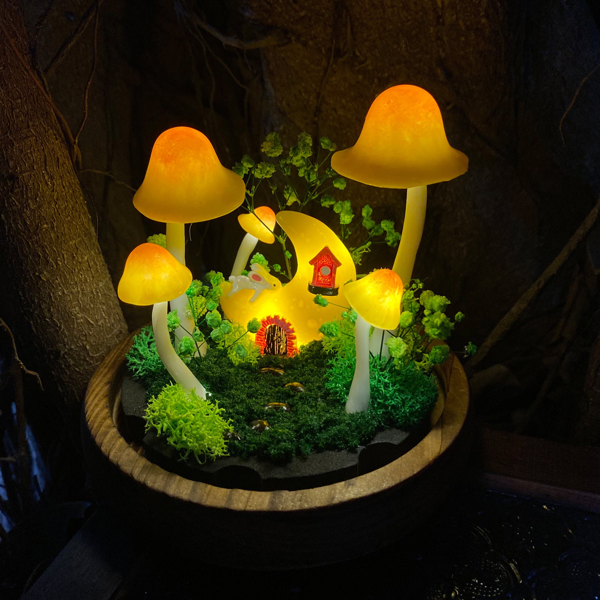 Handmade Fantasy Mushroom Lamp Glowing Moon Cottage & Cute Bunny Mushroom Nightlight original gallery image 4