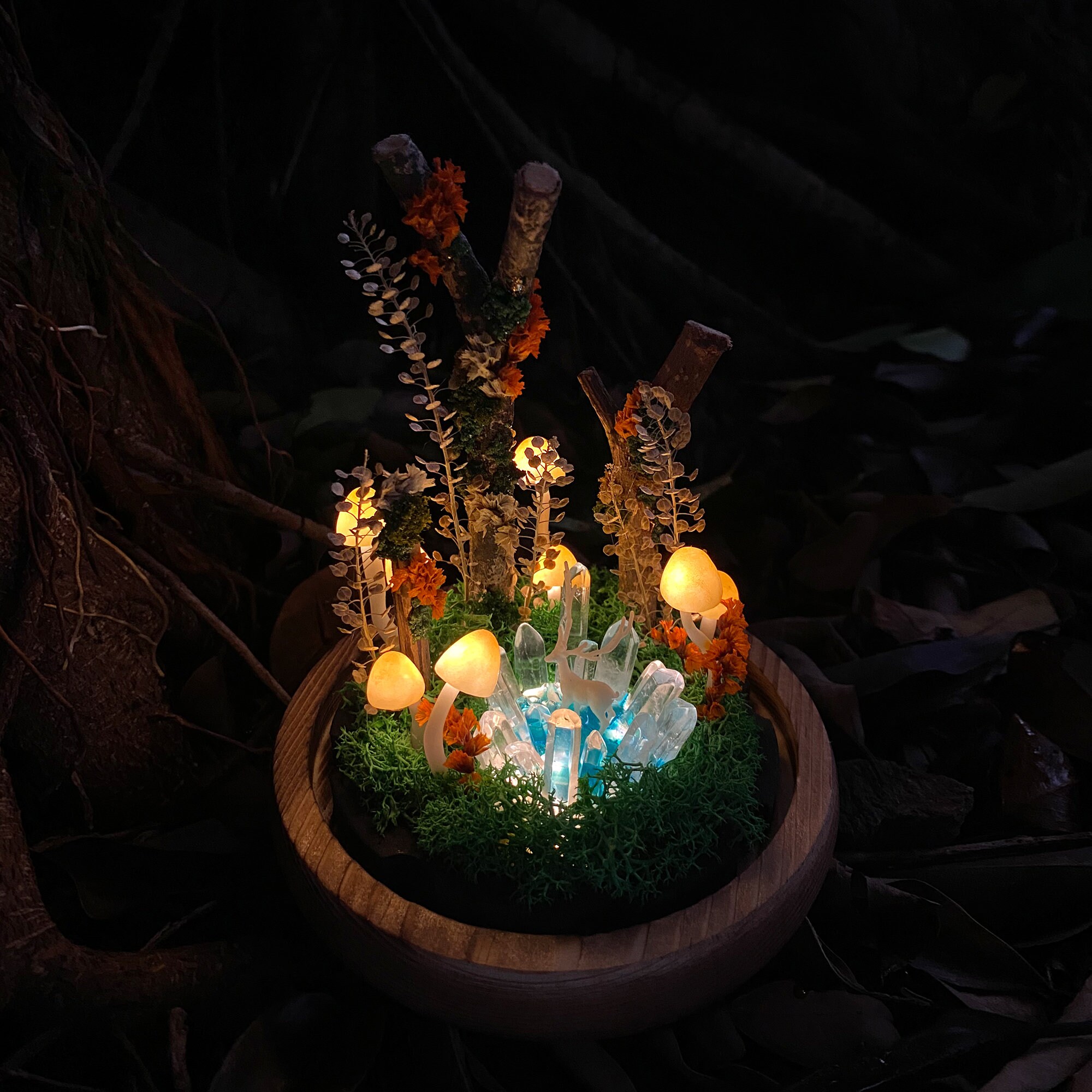 Handmade Glowing Mushroom Lamp with Magic Crystal and White Deer in the Mystery Lake original gallery image 4