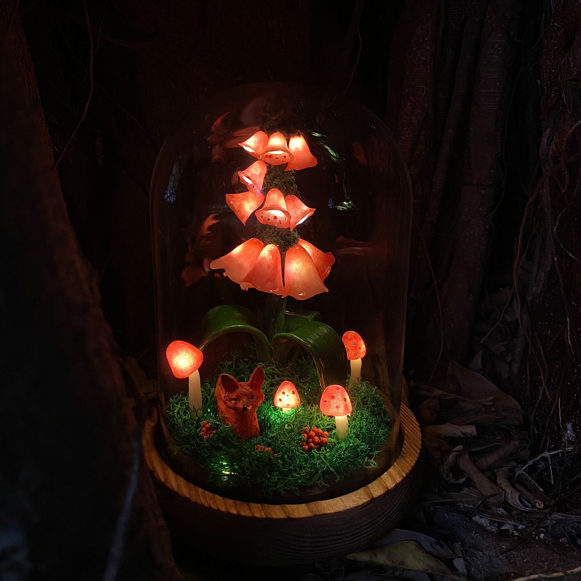 Handmade Foxgloves Light Glowing Mushroom Night Light Flower Lamp with Cute Red Fox original gallery image 4