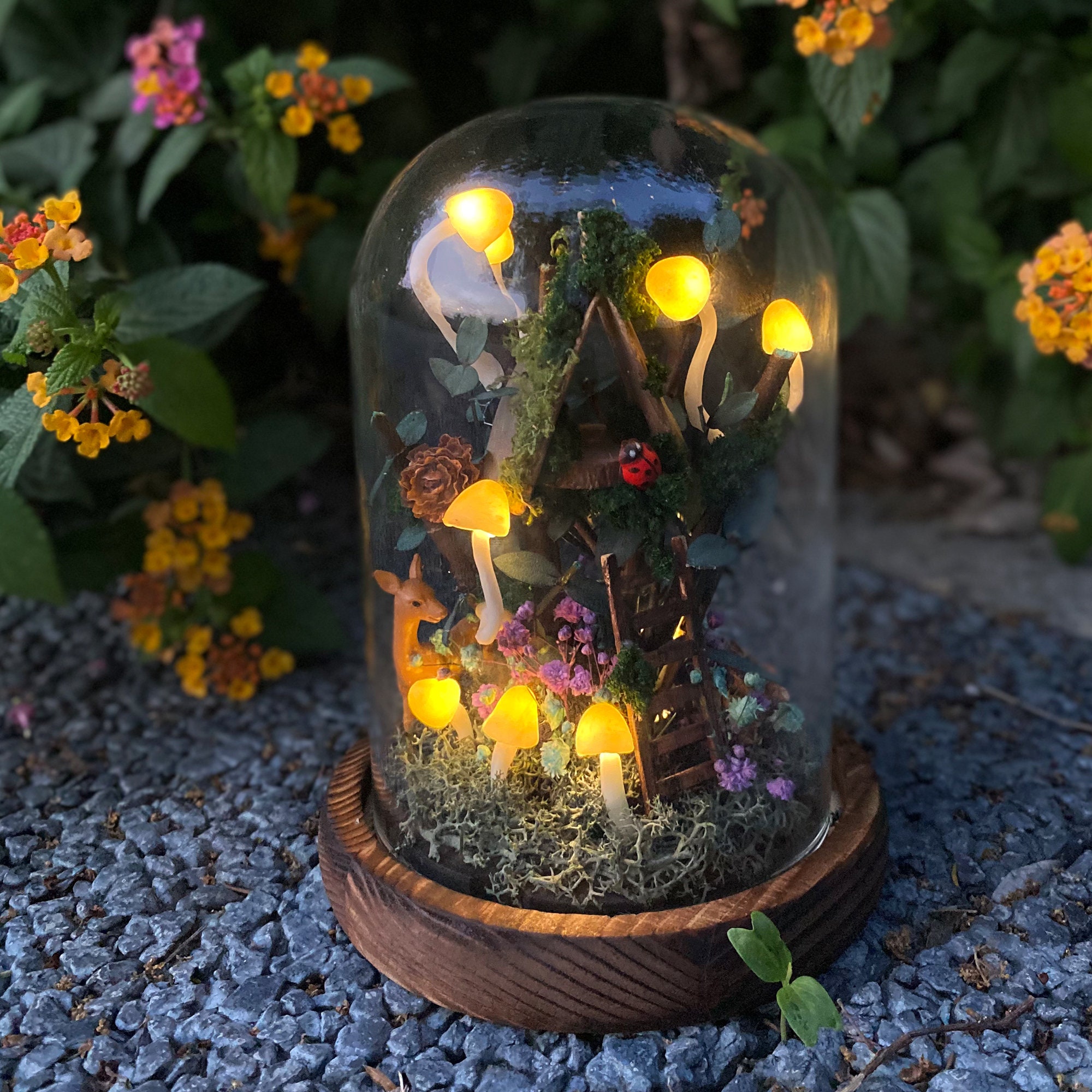 Cute Deer and Mushroom Night Light with Ladybug & Treehouse Handmade Glowing Mushroom original gallery image 5
